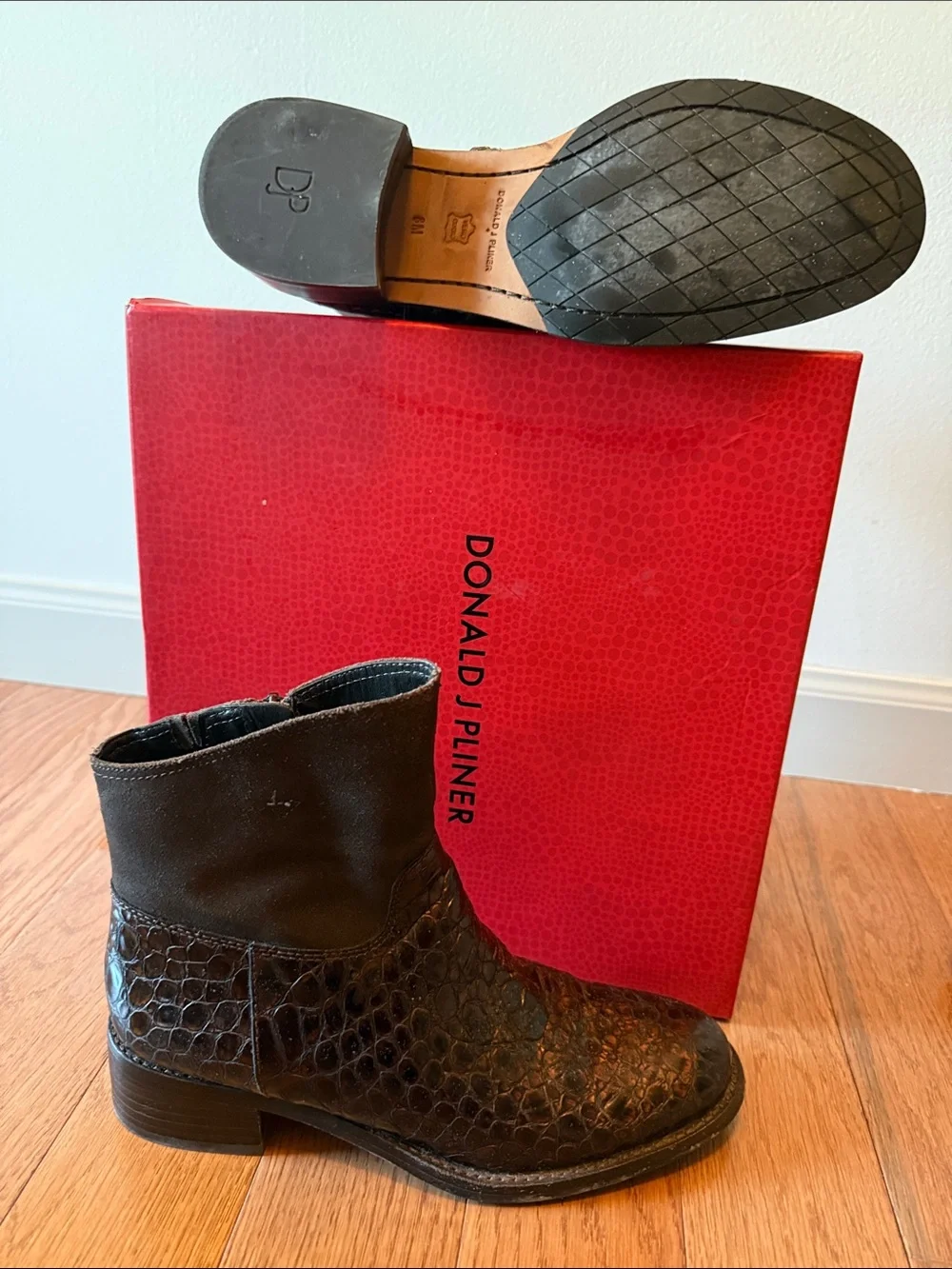 Donald J. Pliner Brown Croc-Embossed Leather Ankle Boots